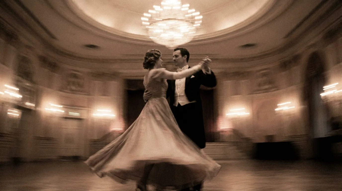 لقطة فنية ضبابية لزوجين يرقصان في قاعة كبيرة بأسلوب حالم