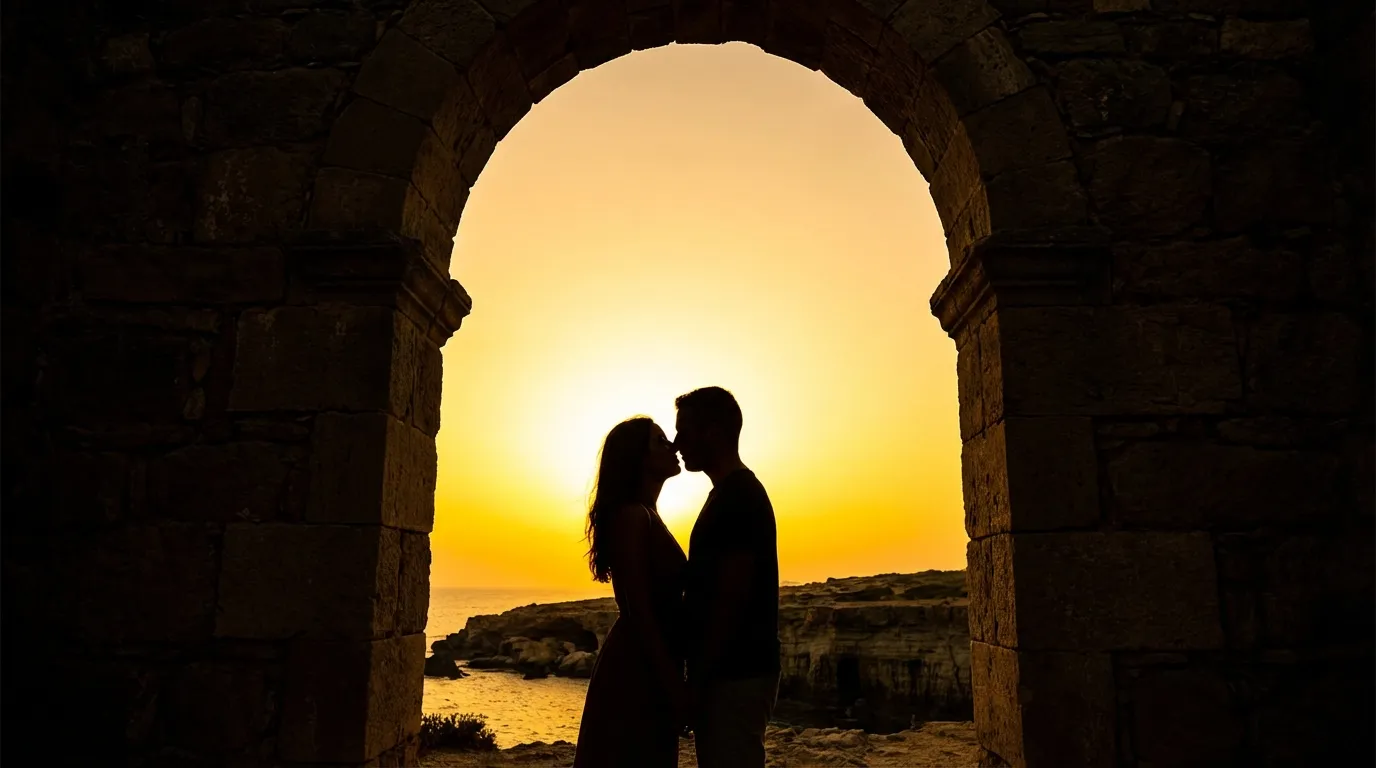 صورة ظلية درامية لزوجين عند الغروب داخل إطار معماري