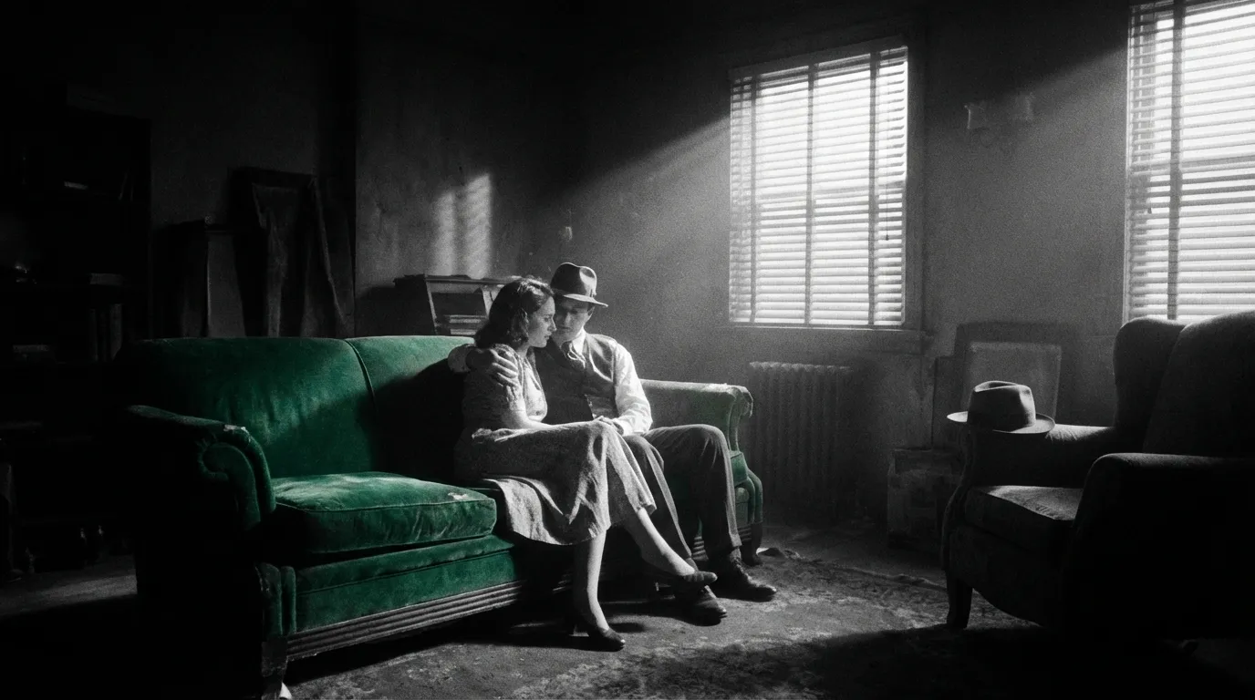 لقطة داخلية غامضة لزوجين على أريكة مخملية مع إضاءة درامية