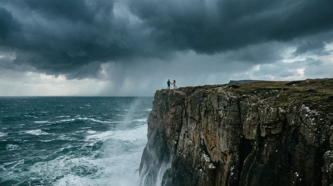 لقطة واسعة جداً لزوجين على حافة منحدر أمام محيط شاسع