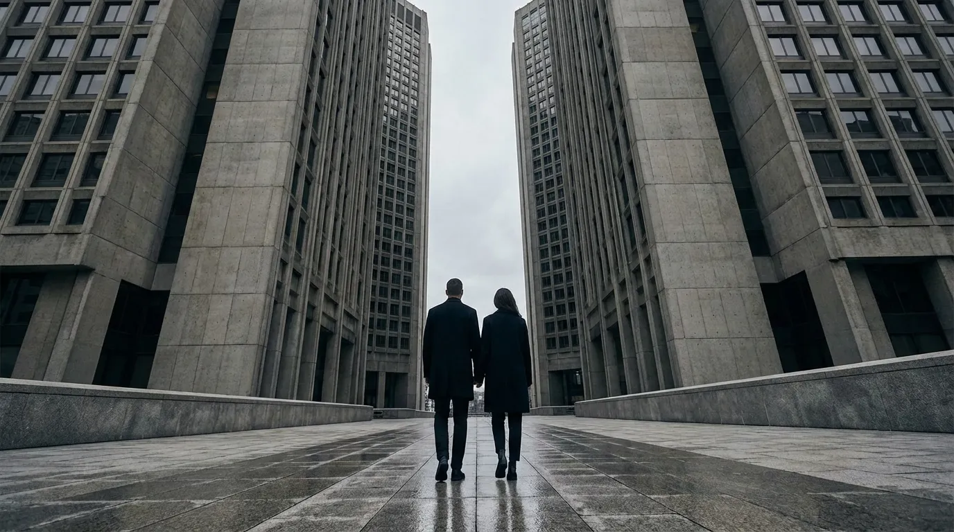 تصوير معماري حديث لزوجين بين ناطحات السحاب بزاوية منخفضة