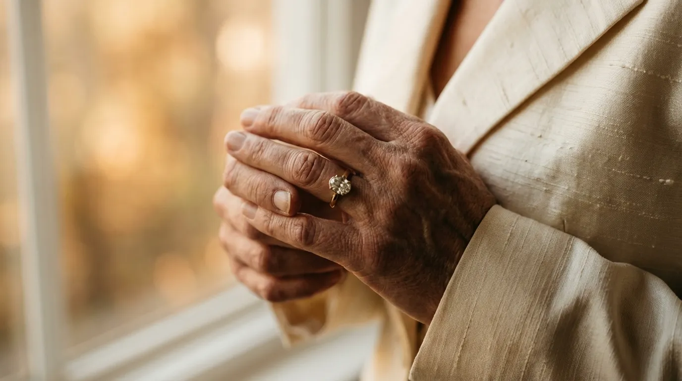 لقطة مقربة جداً لتشابك الأيدي والتركيز على خاتم الخطوبة