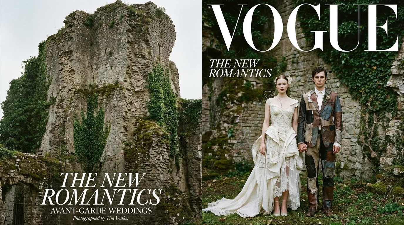 صورة بأسلوب مجلات الموضة لزوجين بملابس عصرية أمام جدار أثري