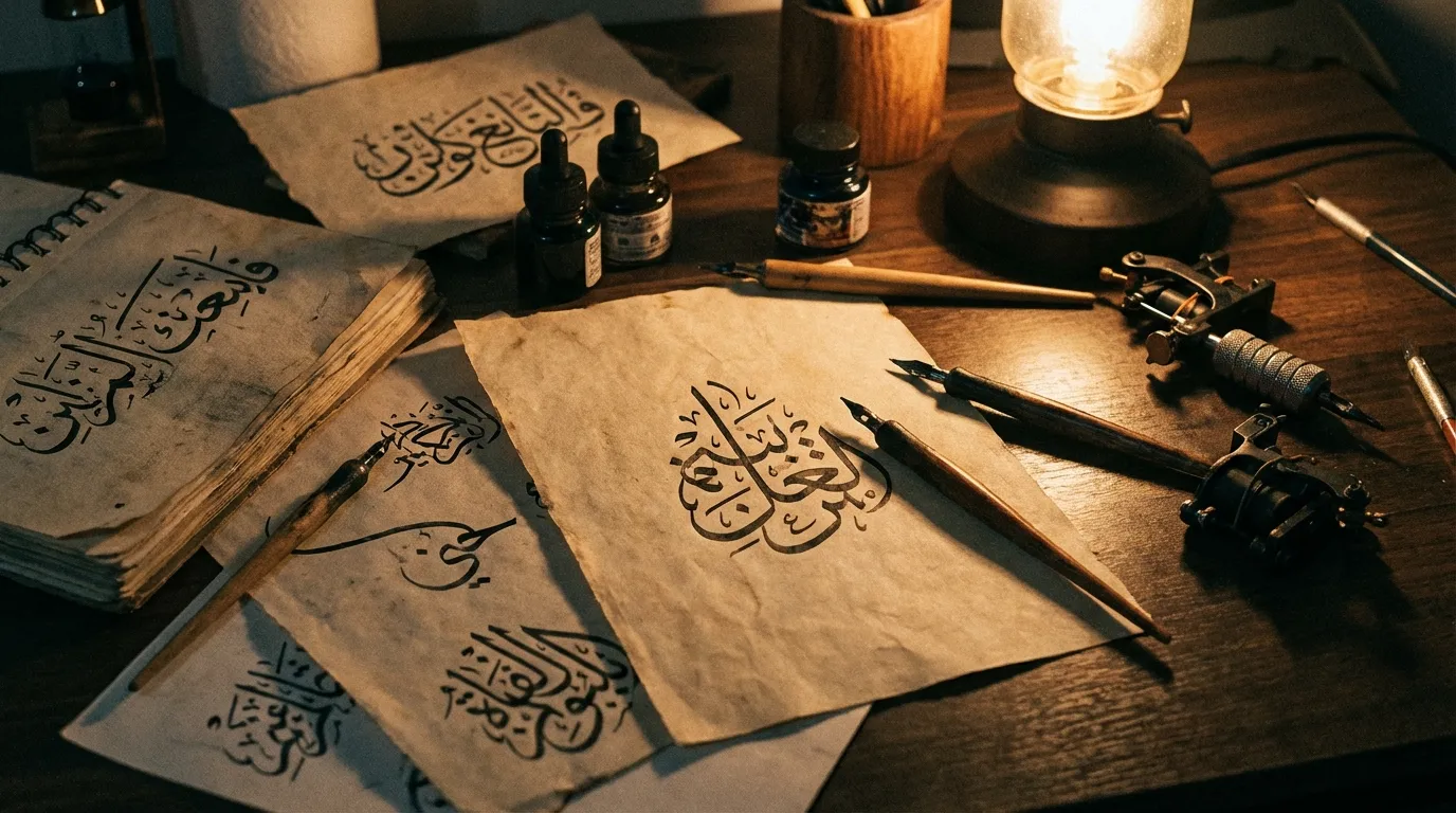 صورة فنية لمسودة تصاميم وشم بالخط العربي على طاولة فنان