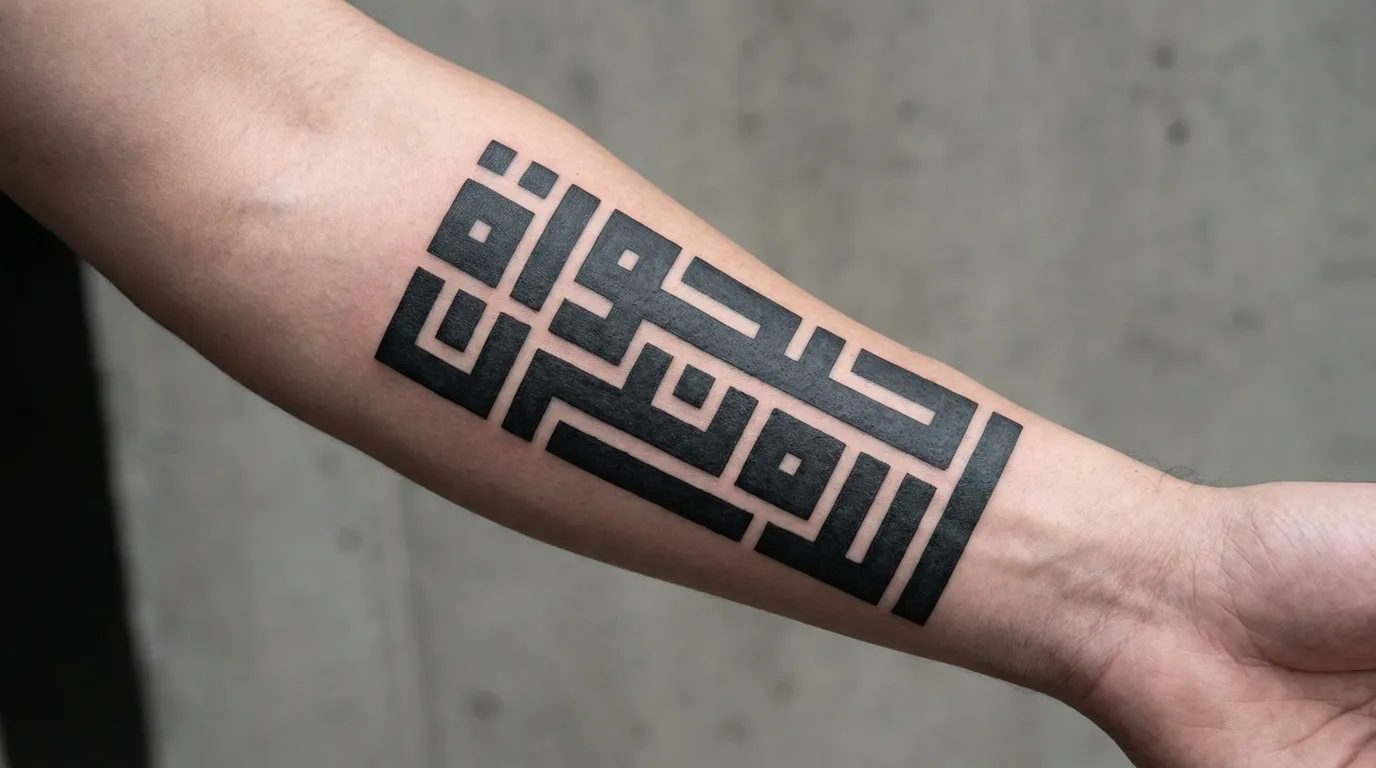 وشم بالخط الكوفي الهندسي على الساعد بخطوط سوداء حادة