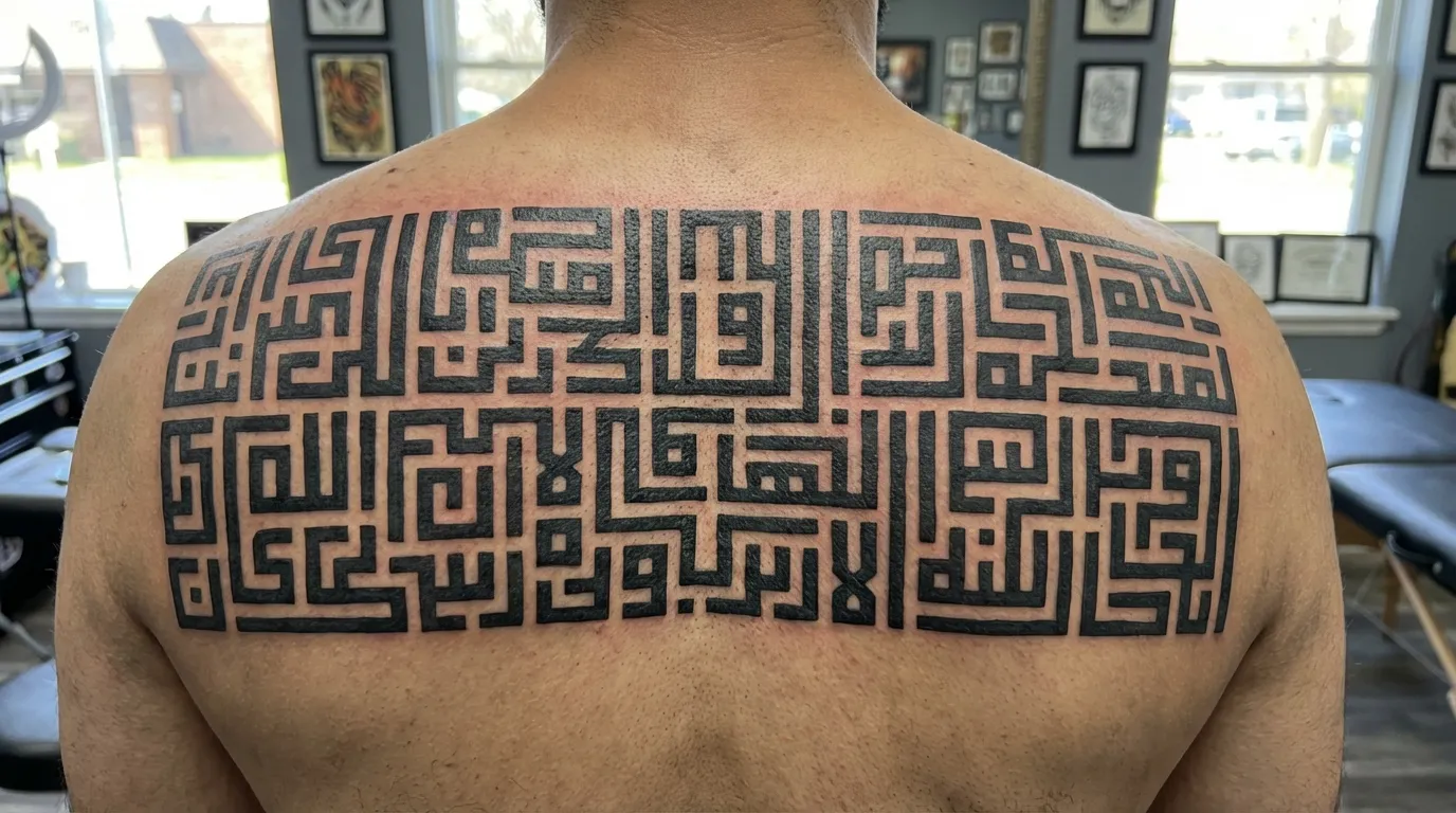 تصميم وشم كوفي مربع على الظهر يشبه المتاهة الهندسية