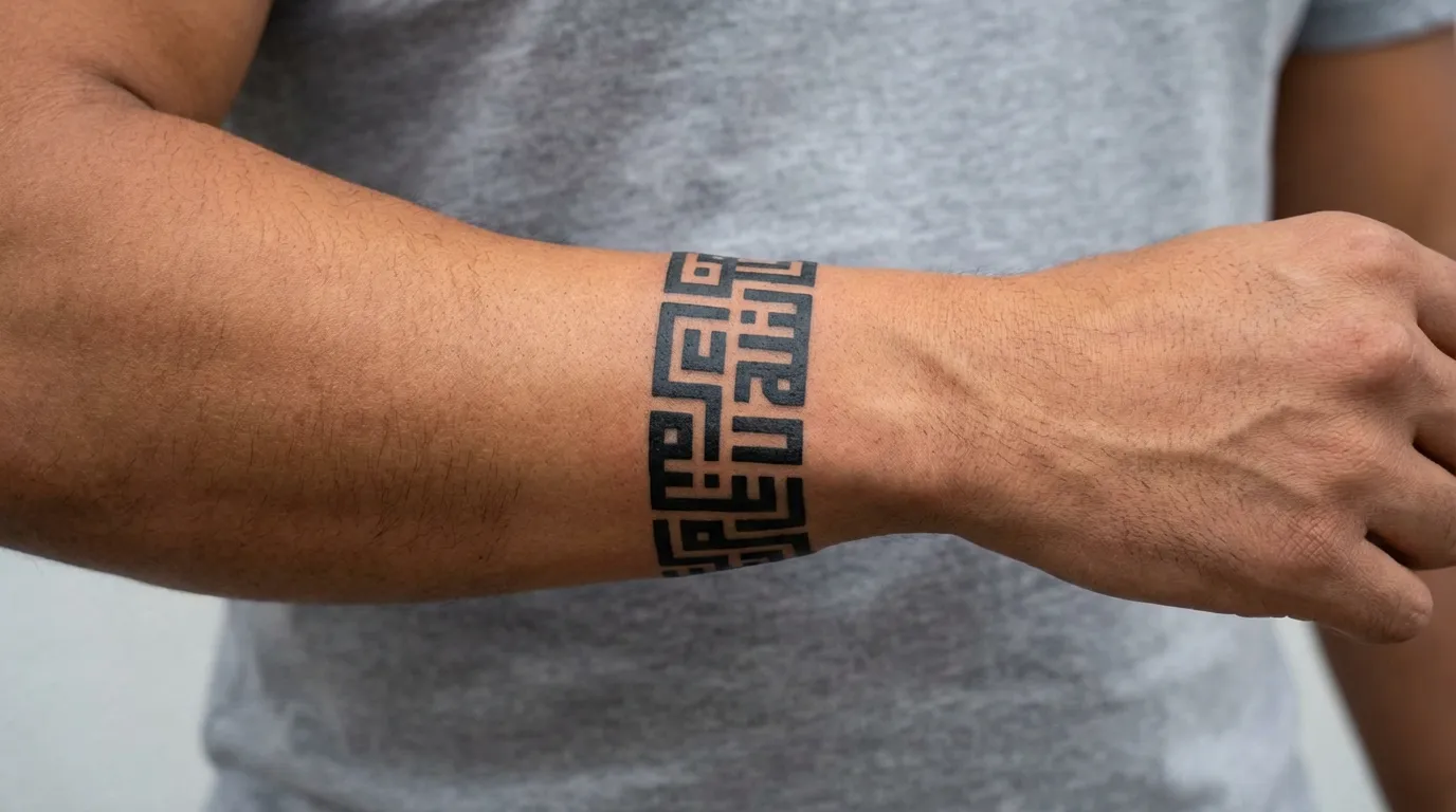 وشم سوار حول المعصم بنمط الخط الكوفي الحديث