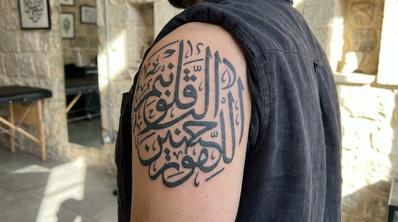 وشم خط الثلث العربي التقليدي على الكتف بفخامة وتفاصيل دقيقة