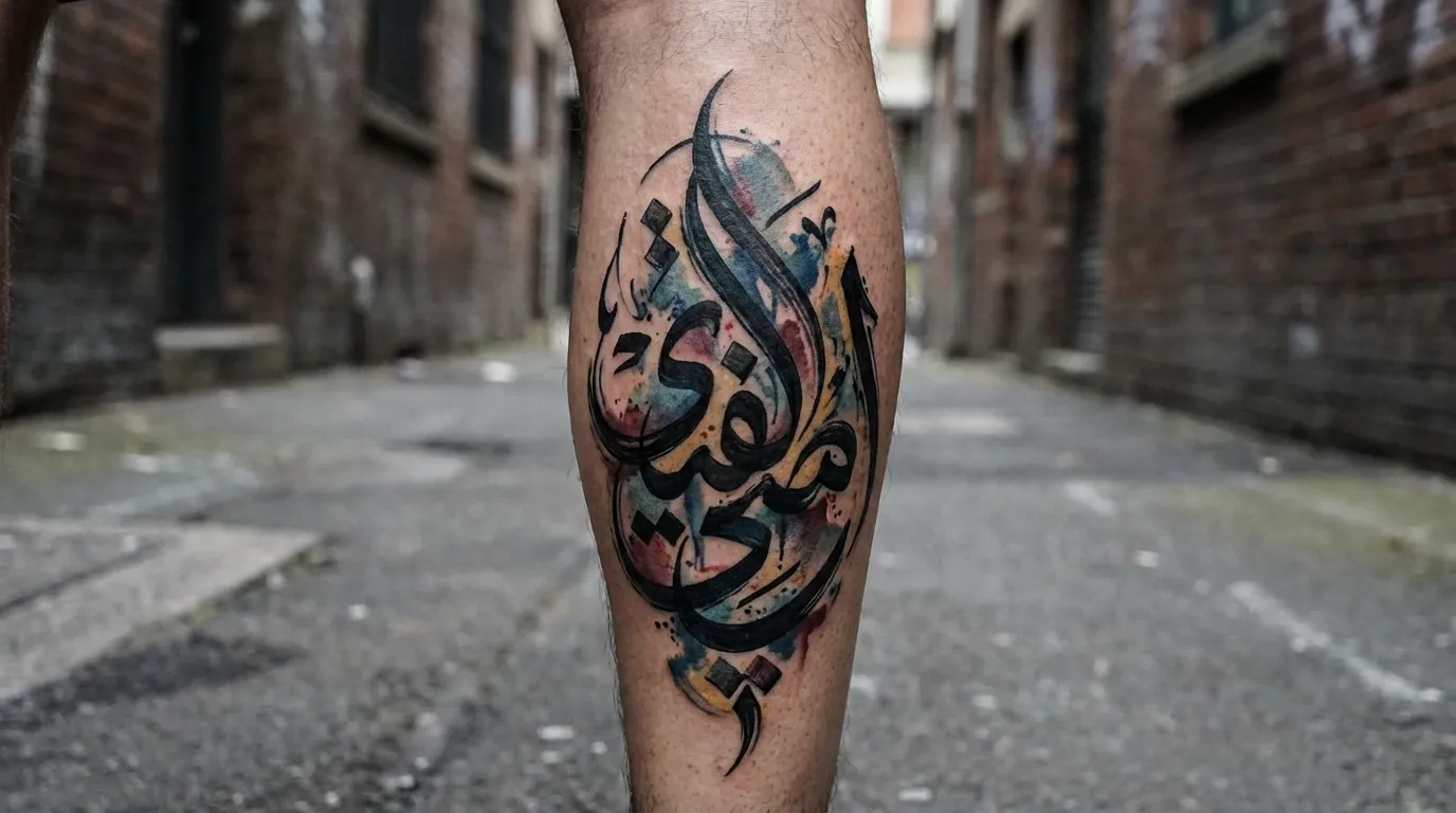 وشم عربي تجريدي بأسلوب الجرافيتي وضربات الفرشاة العريضة
