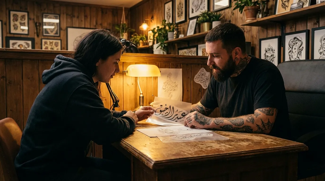 جلسة استشارة بين شخص وفنان وشم لمراجعة تصميم خط عربي