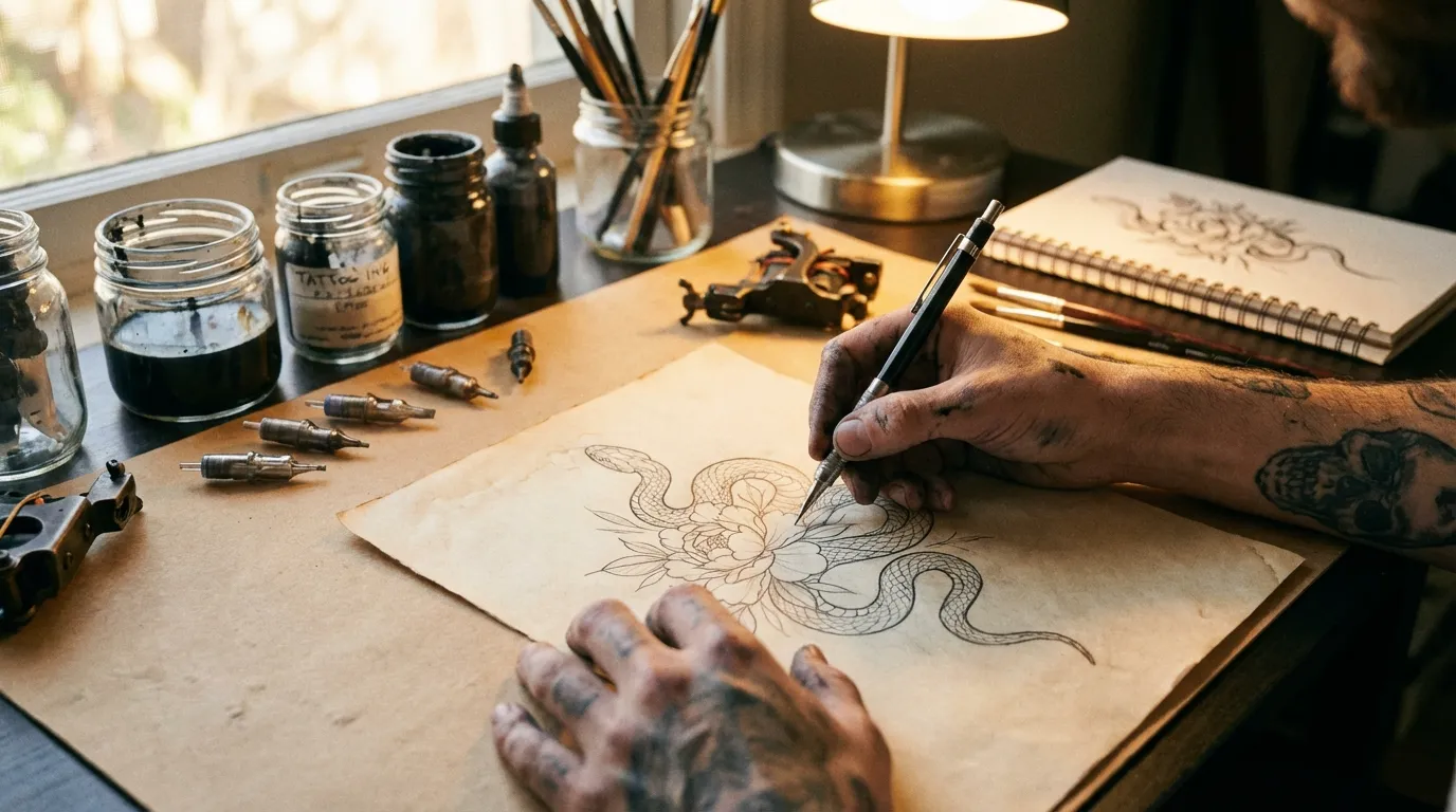 رسم تخطيطي لتصميم وشم على الورق