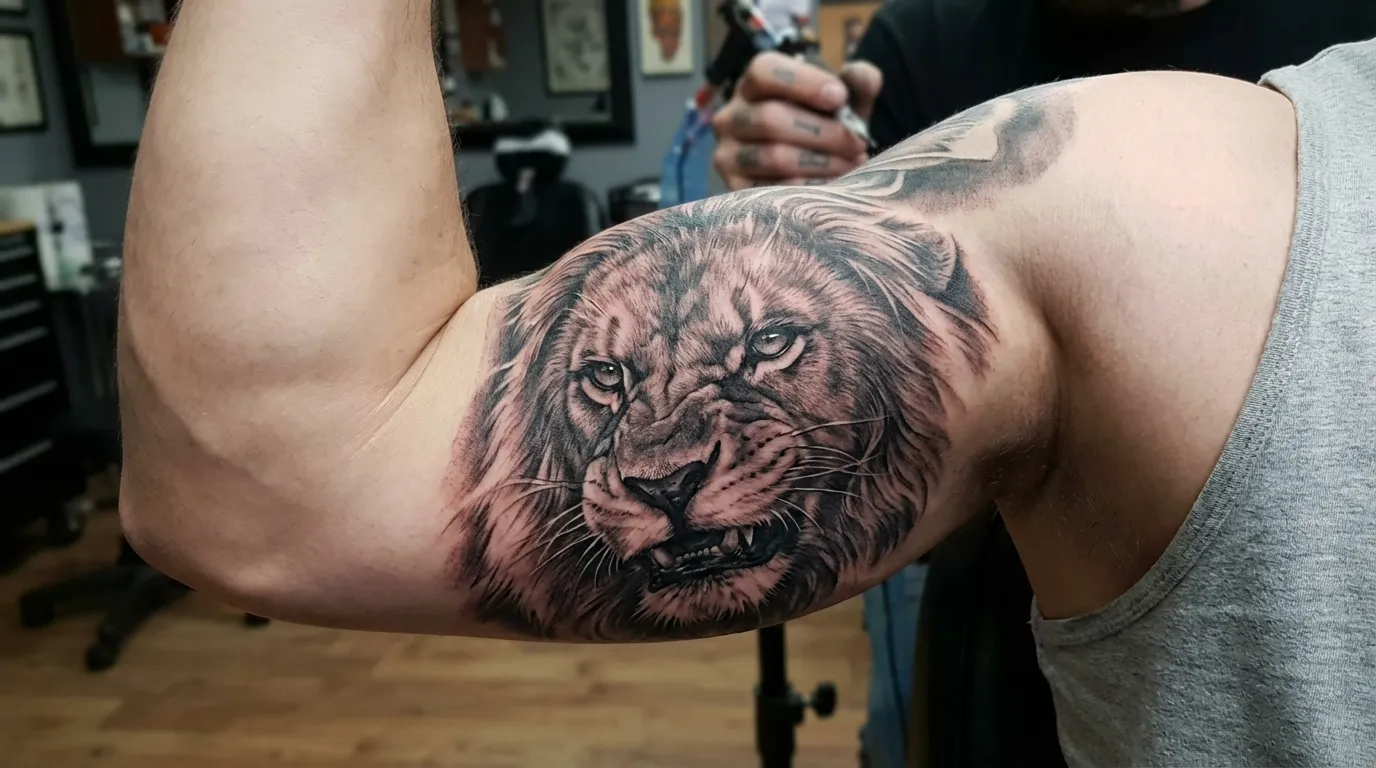 وشم واقعي لرأس أسد يعبر عن القوة