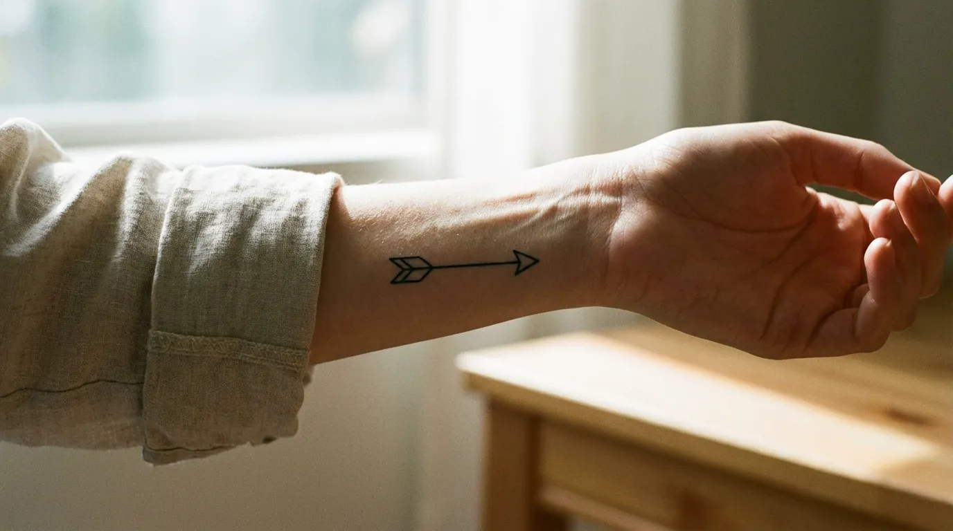 وشم سهم مينيمالي ناعم على المعصم