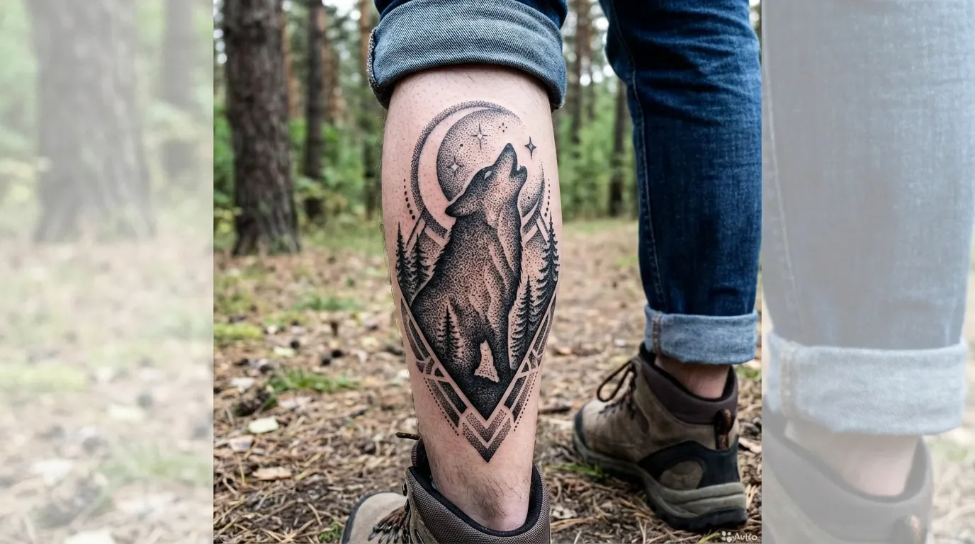 وشم ذئب يعوي بتقنية التنقيط