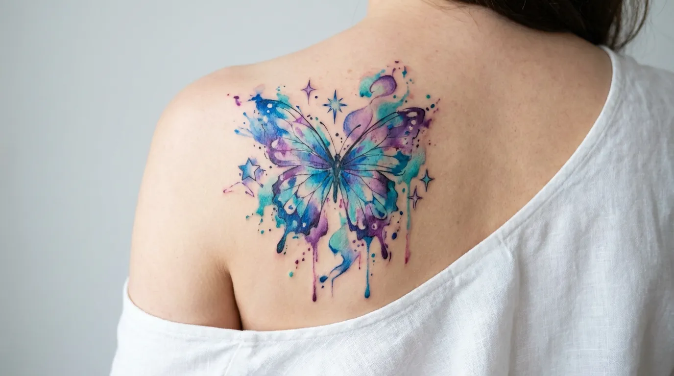 وشم فراشة بألوان مائية زاهية