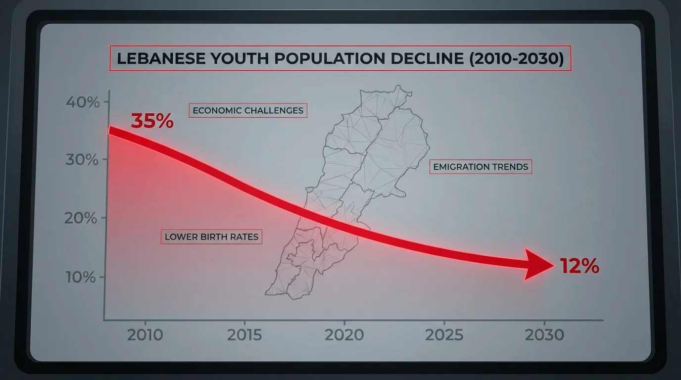 رسم بياني يوضح الانخفاض الحاد في عدد السكان وفئة الشباب في لبنان