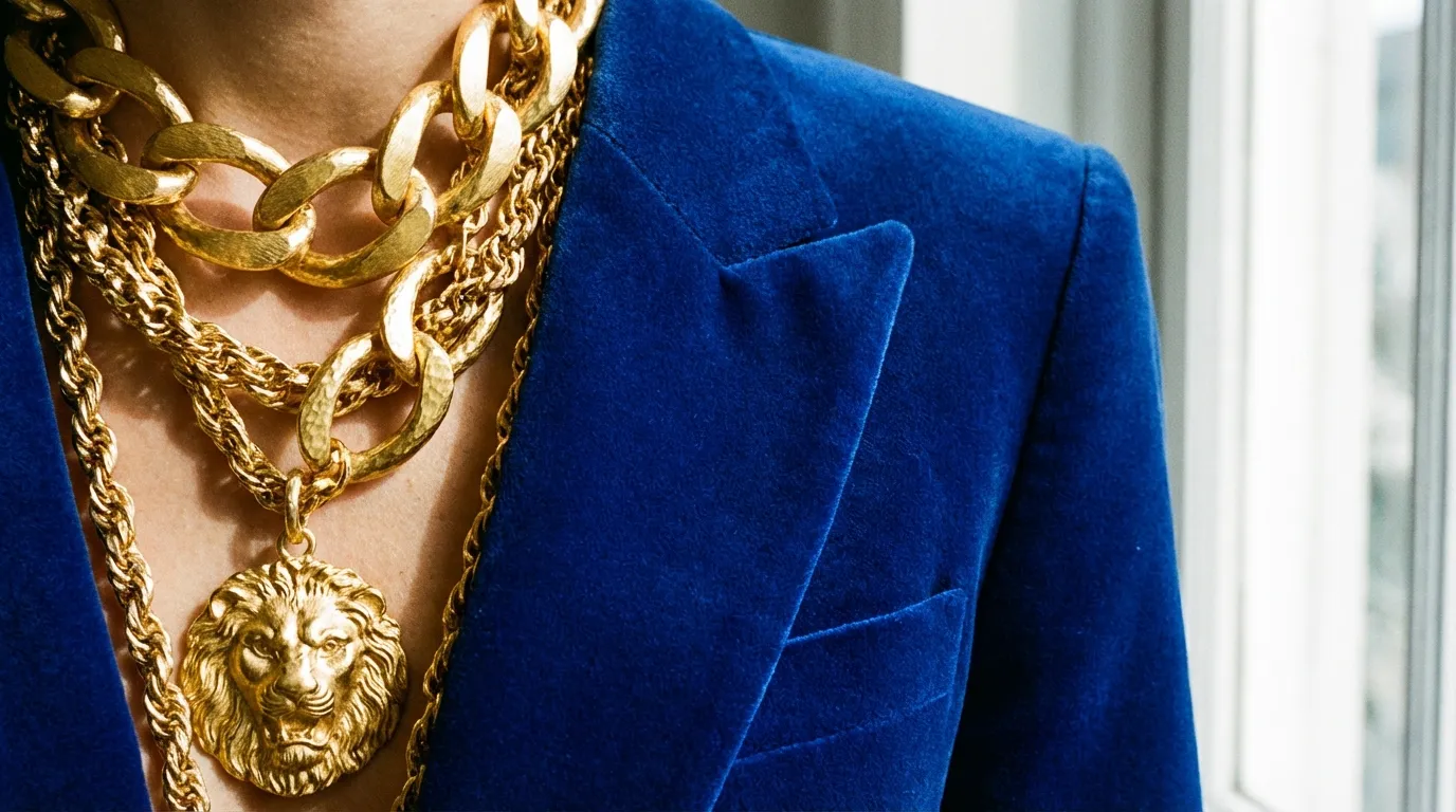 تنسيق المجوهرات الذهبية مع بدلة تخرج باللون الأزرق الملكي