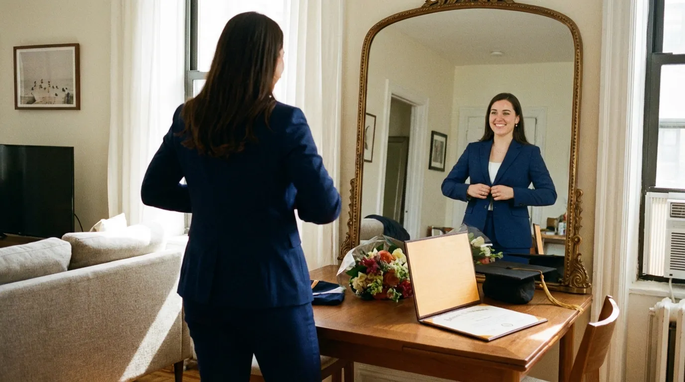 خريجة تستعد للحفل وترتدي بدلة رسمية تعكس الثقة والقيادة