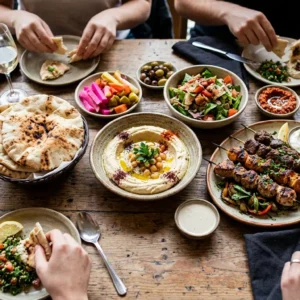 A vibrant spread of traditional Lebanese cuisine on a rustic dining table.