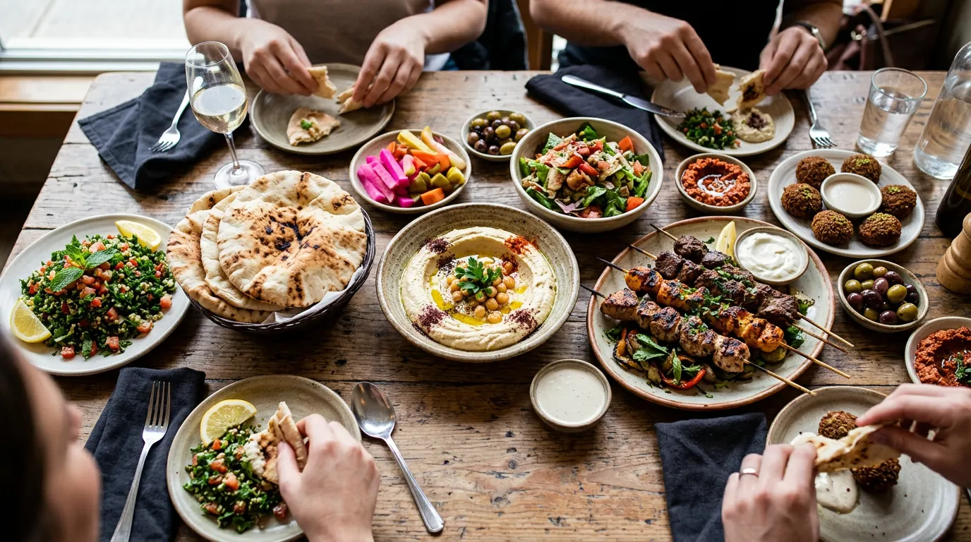 A vibrant spread of traditional Lebanese cuisine on a rustic dining table.