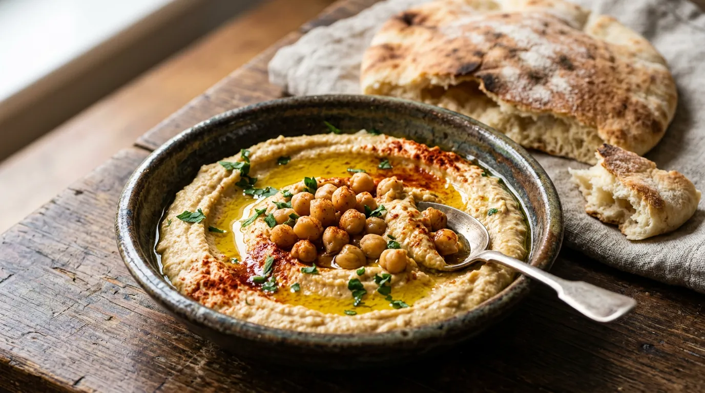 Creamy hummus garnished with golden olive oil and whole chickpeas.