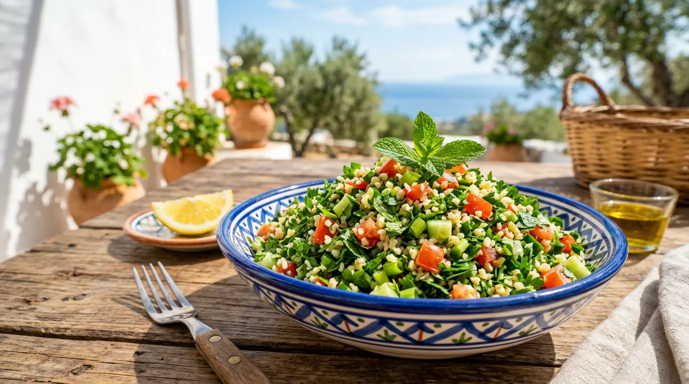 Fresh Lebanese Tabbouleh salad in a bright ceramic bowl.
