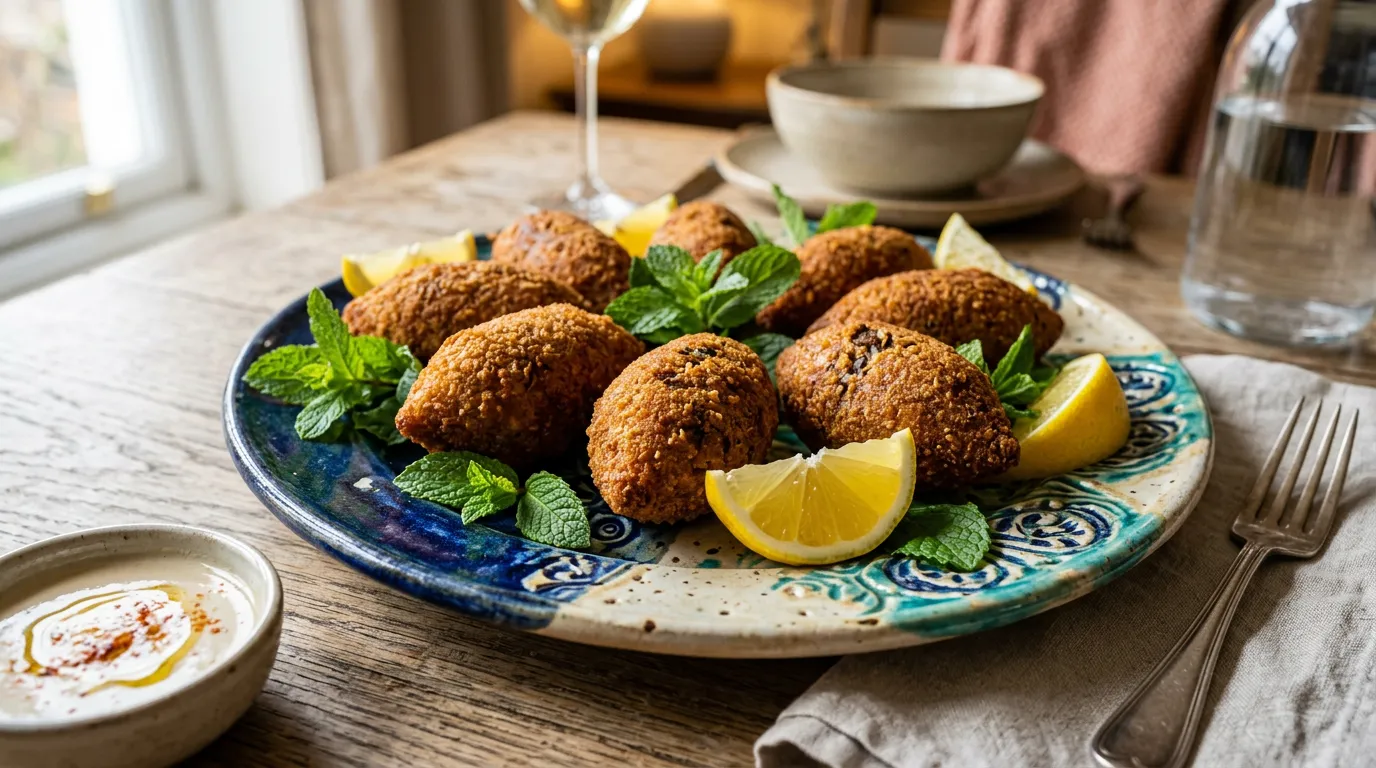 Crispy fried Lebanese Kibbeh croquettes with lemon and fresh mint.