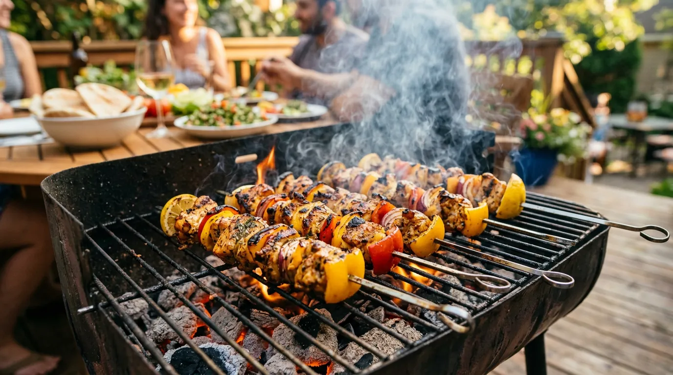 Tender Shish Taouk chicken skewers cooking on a hot charcoal grill.
