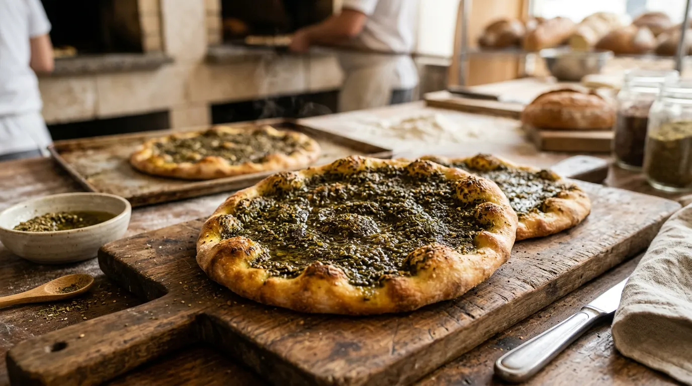 Warm Lebanese Manakish flatbread topped with earthy zaatar and olive oil.