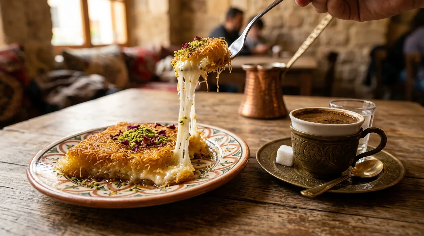 Sweet Lebanese Knefeh cheese dessert served with a cup of traditional dark coffee.