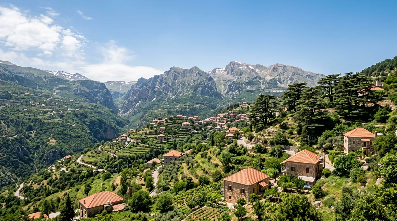 Traditional stone houses in the lush green hills of Mount Lebanon
