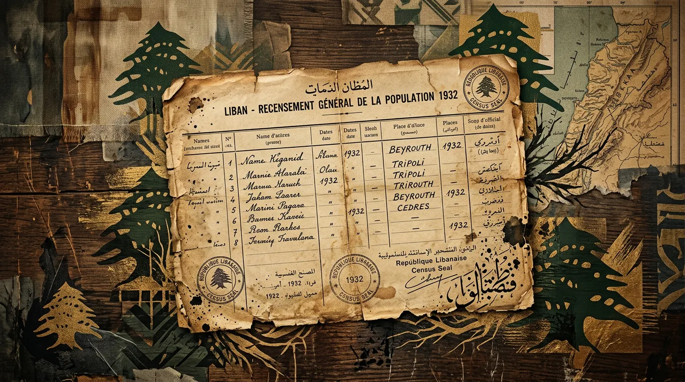 Artistic representation of an old 1932 Lebanese census document alongside a cedar tree motif