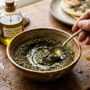 Mixing Za'atar spice blend with olive oil in a small bowl