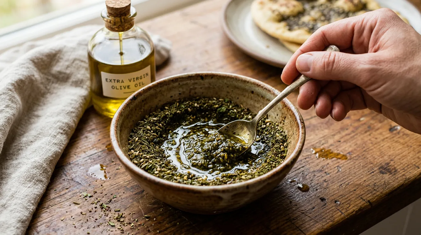 Mixing Za'atar spice blend with olive oil in a small bowl