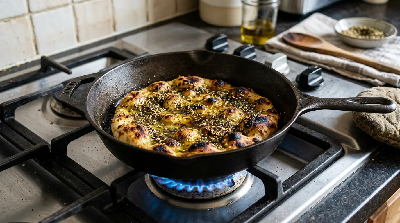 Cooking Za'atar flatbread in a cast-iron skillet on the stovetop
