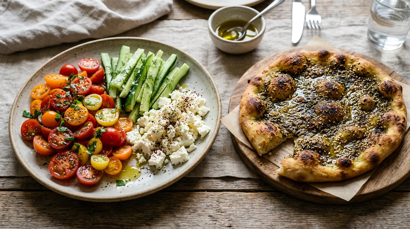 Fresh vegetable and cheese toppings served with Za'atar bread