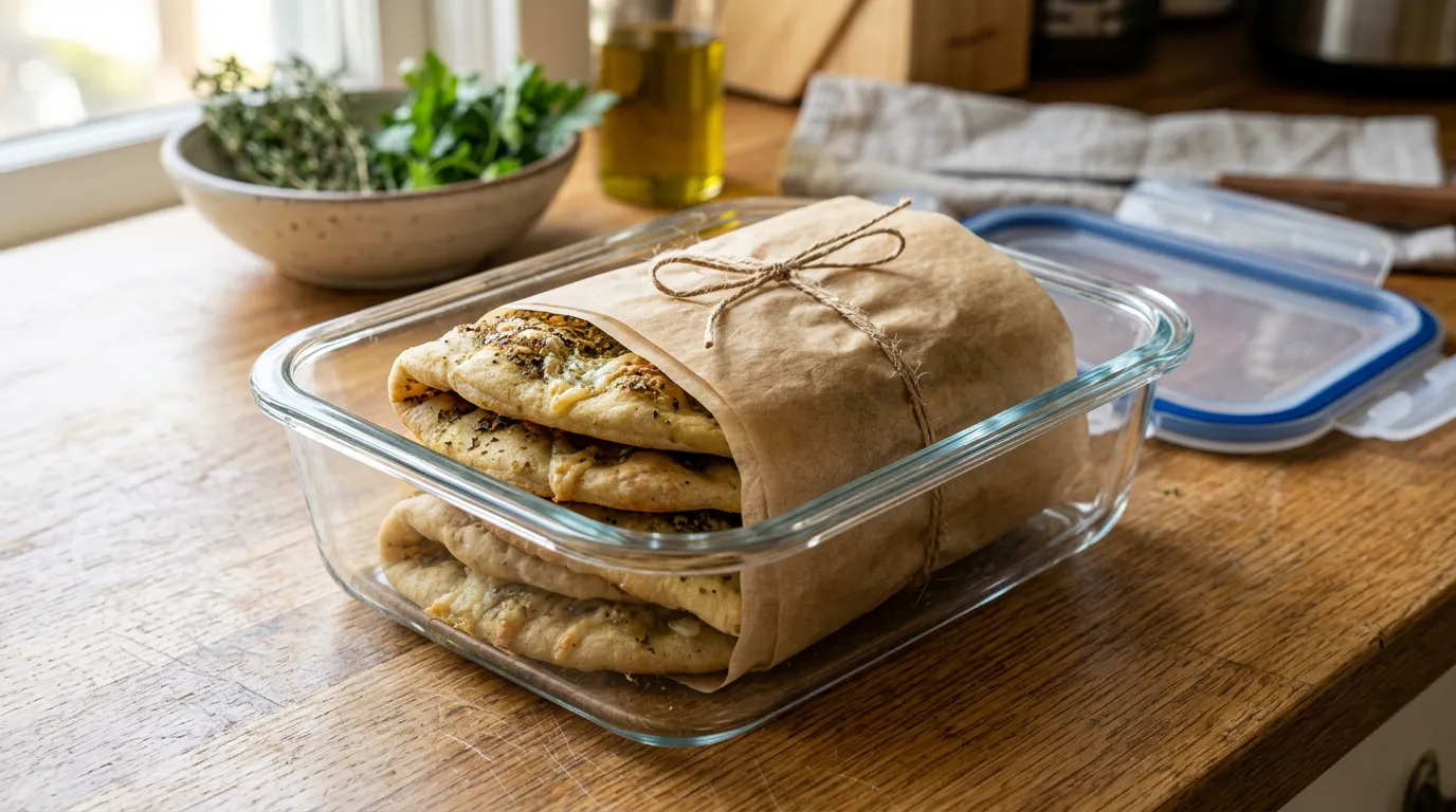 Stacked Za'atar flatbreads stored in an airtight container for meal prep