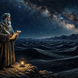 Ancient Arabic poet under a starry night sky
