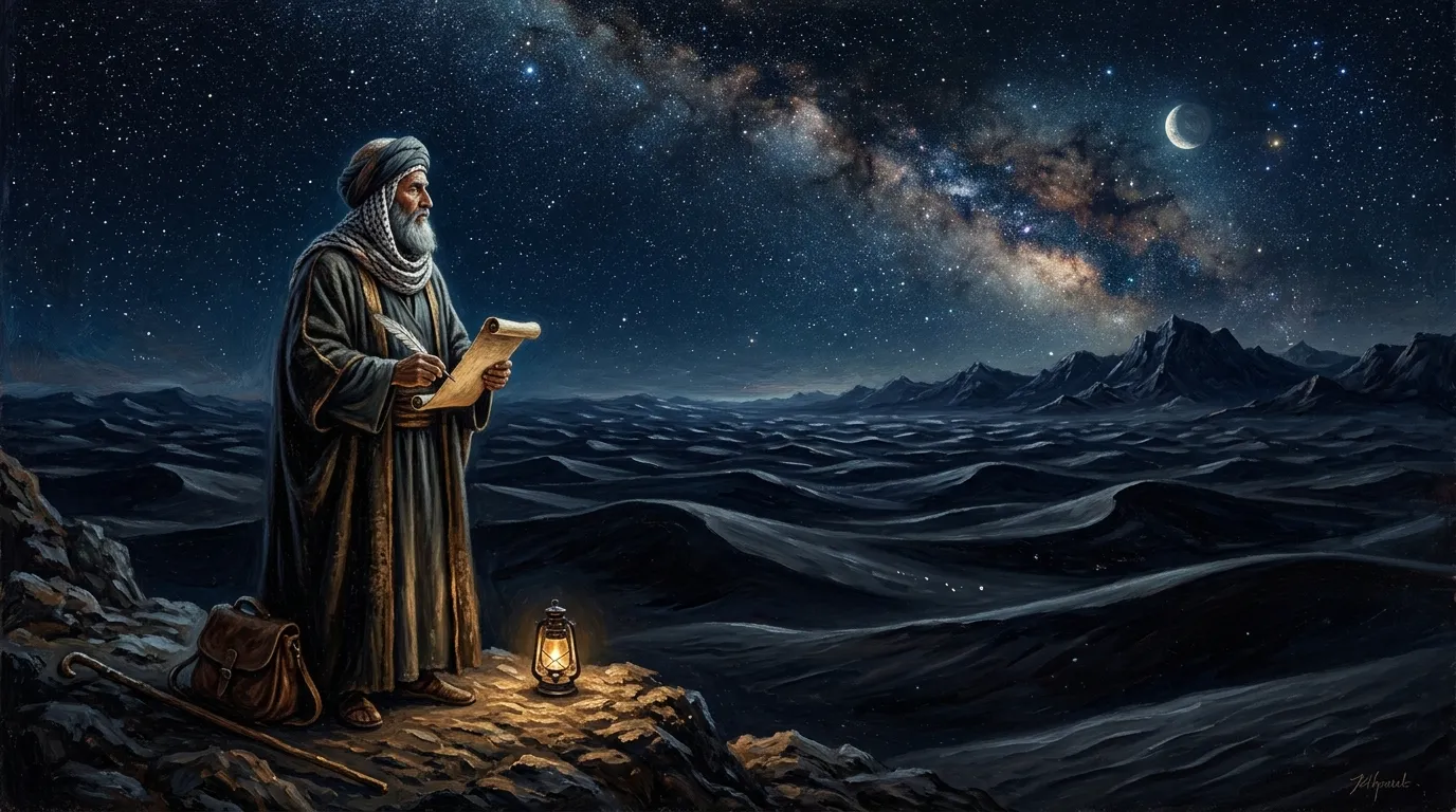Ancient Arabic poet under a starry night sky