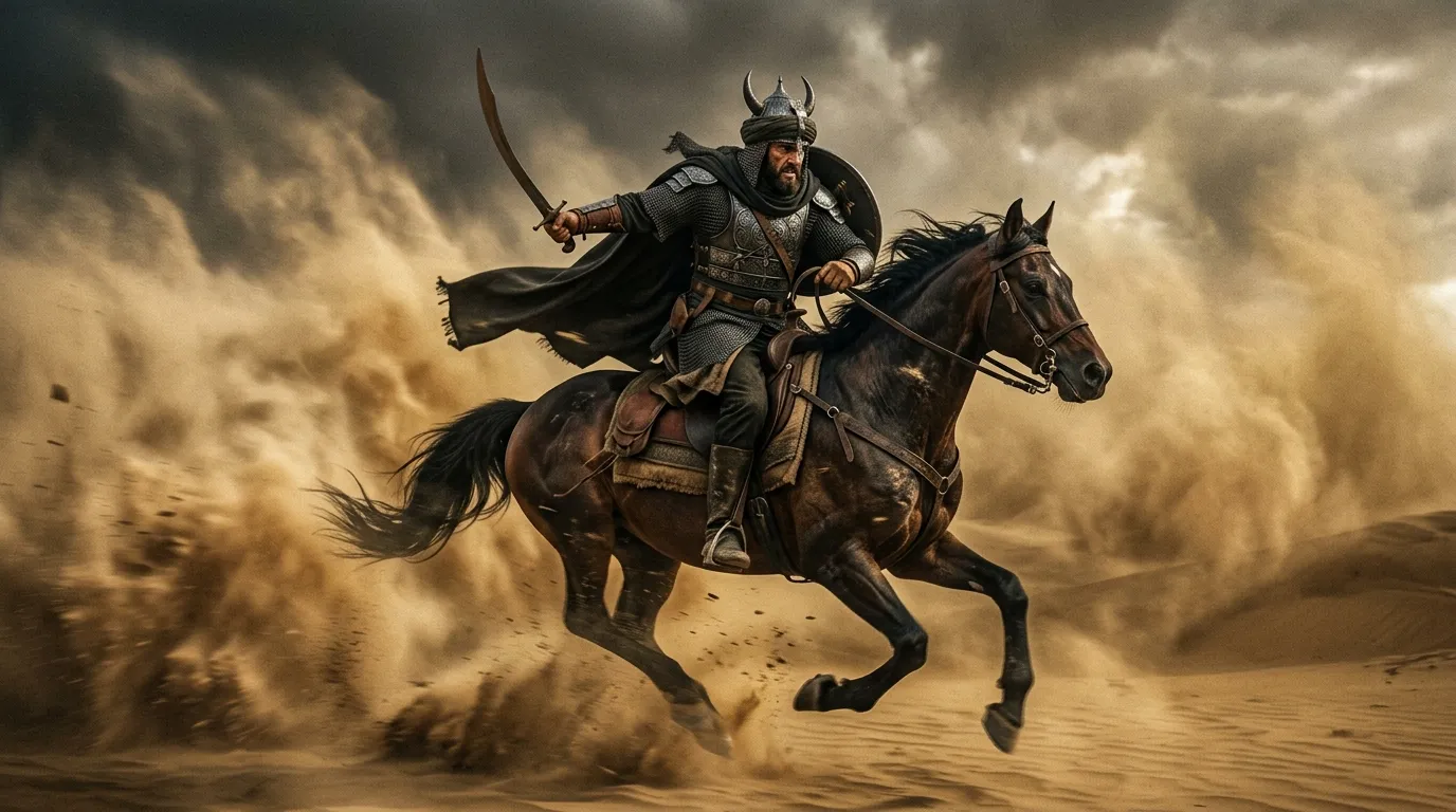 Arabian knight riding through a sandstorm
