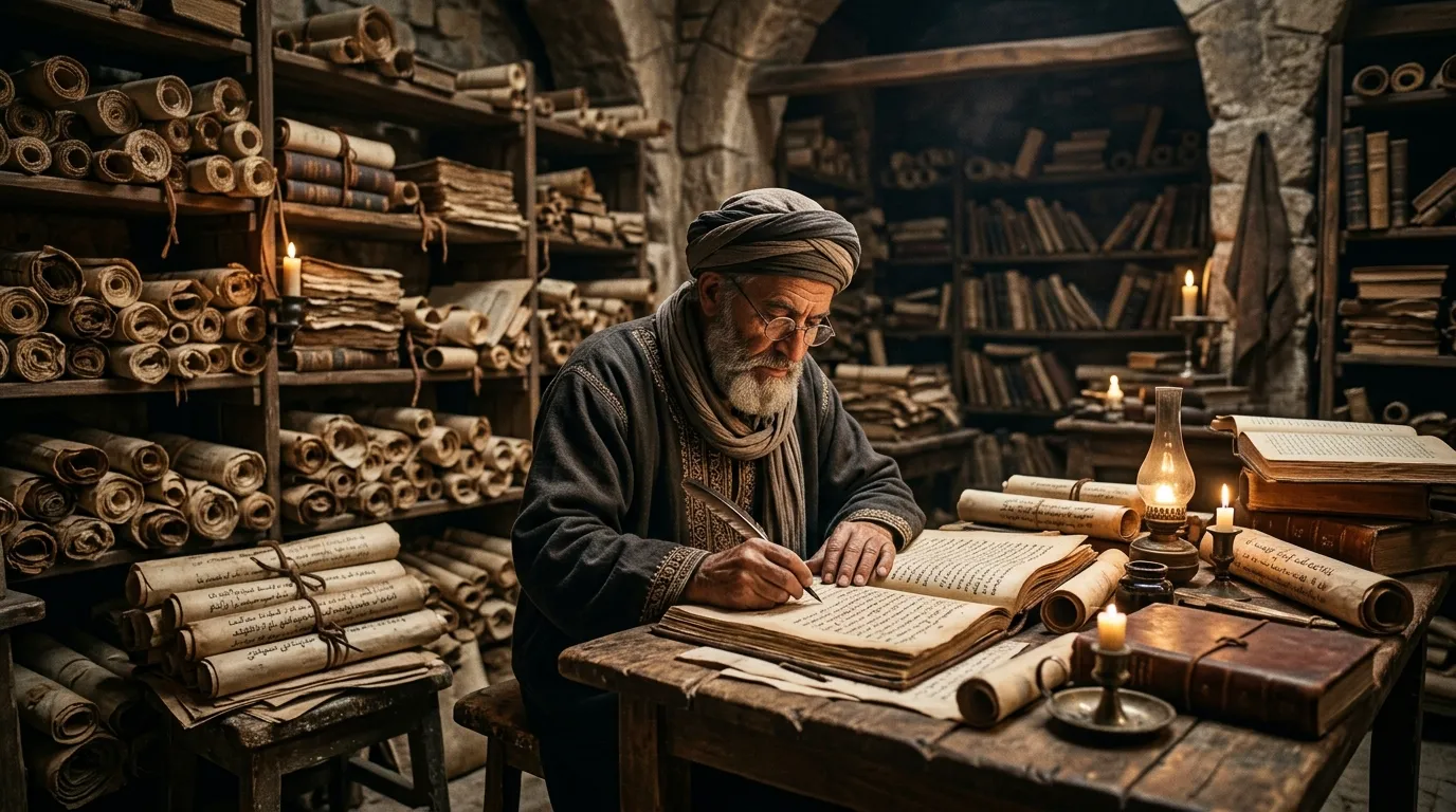 Middle Eastern scholar studying ancient scrolls