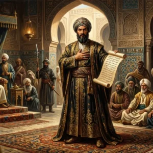 A historic portrait painting of the Arab poet Al-Mutanabbi representing his pride and narcissism