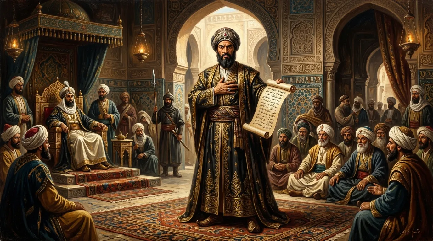 A historic portrait painting of the Arab poet Al-Mutanabbi representing his pride and narcissism