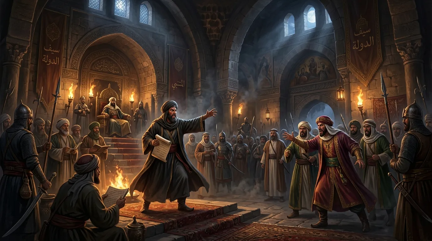 A dramatic historical scene depicting Al-Mutanabbi confronting his rivals in the court