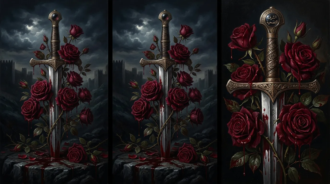 A symbolic artistic illustration representing the concept of Al-Mutanabbi's honor and blood