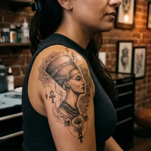 A detailed black ink tattoo of Queen Nefertiti with geometric patterns on a shoulder