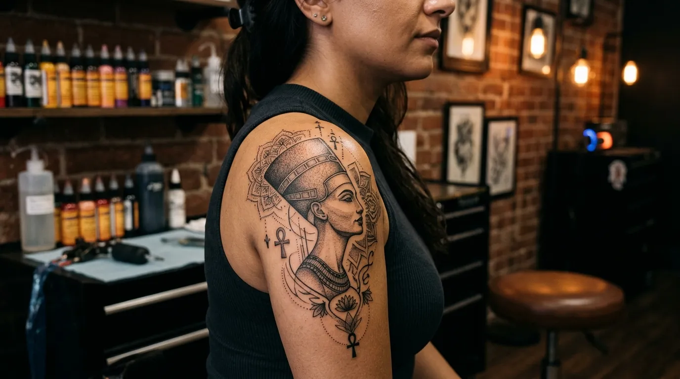 A detailed black ink tattoo of Queen Nefertiti with geometric patterns on a shoulder