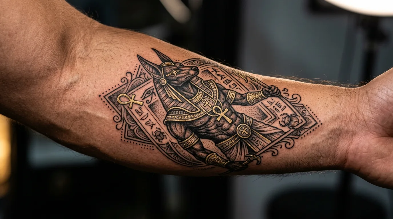 A sharp blackwork tattoo of the Egyptian god Anubis with golden accents on a forearm