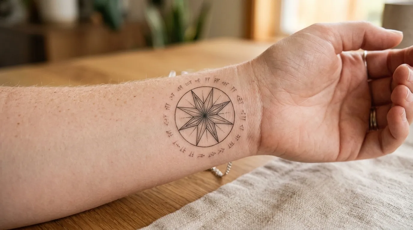 A minimalist fine-line tattoo of the Babylonian Star of Ishtar and cuneiform script on a wrist