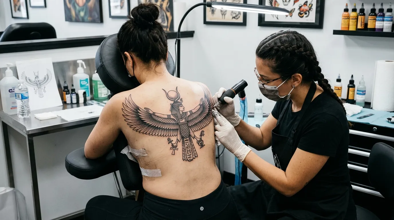 A tattoo artist working on a detailed tattoo of the goddess Isis with spread wings on a client's back